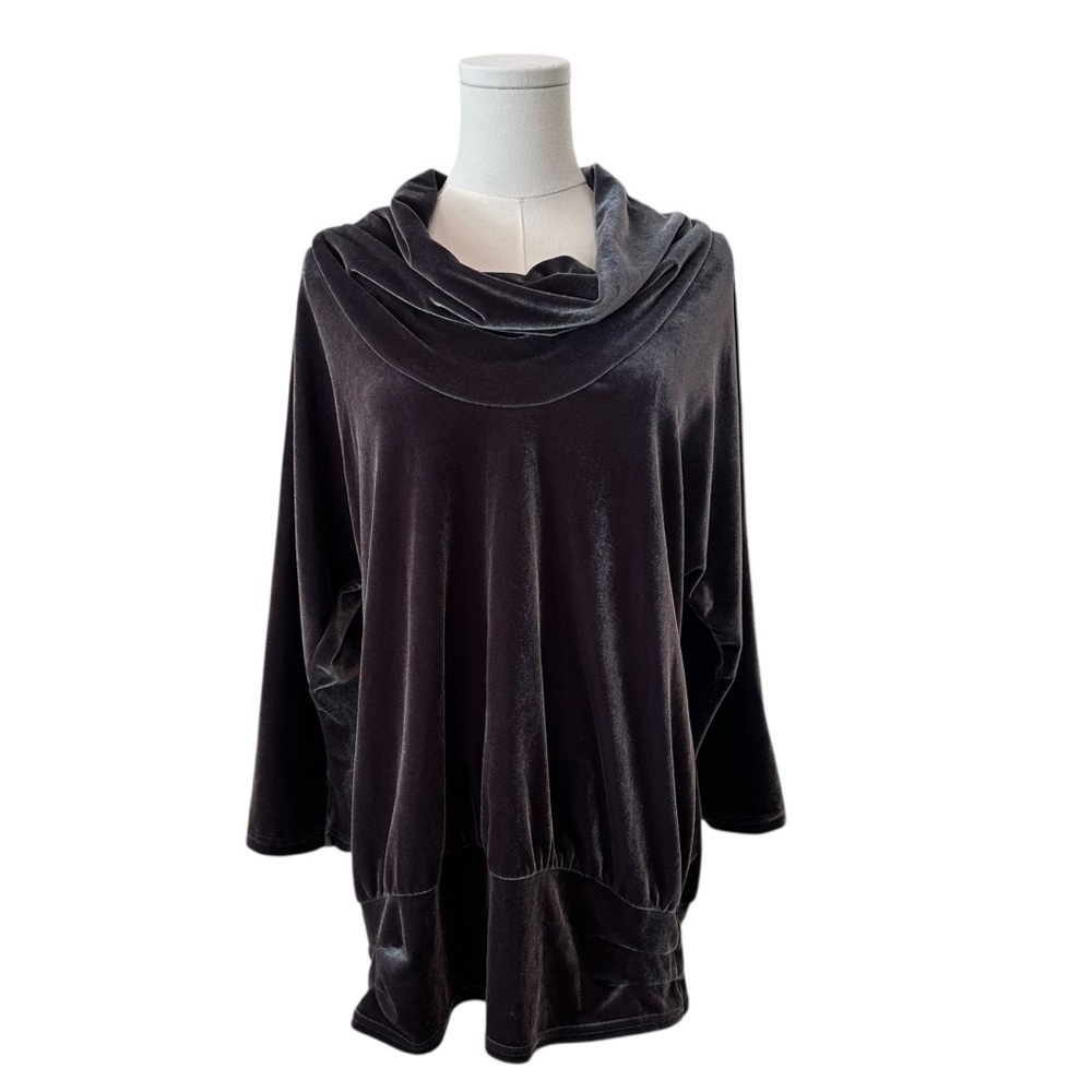Women's Large Velvet Dark Grey Stretch Cowl Neck Relaxed Soft Cozy Goth Sweater